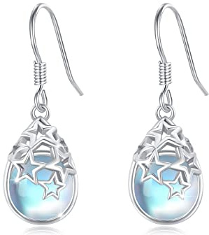 Mondstein Ohrringe Hängend 925 Sterling Silber Mondphasen Keltische Mond Stern Gänseblümchen Triangel Fledermaus Phönix Kokosnussbaum mit Regenbogen Mondstein Schmuck für Damen