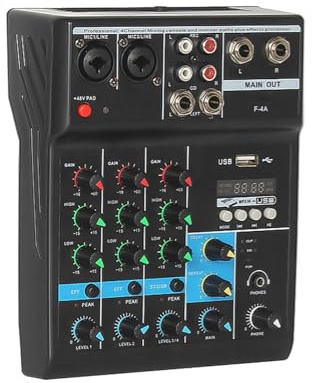 HUIOP Console di missaggio professionale a 4 canali Mixer mini USB con scheda audio Console effetti Sintonizzazione computer Mixer scheda audio con connessione BT Guadagno riverbero Regolazione toni a