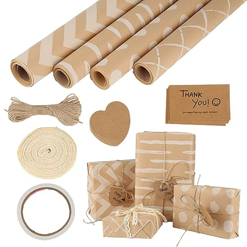 4 Geschenkpapier, 43x300cm Rolle Set Mit Klebeband, Hanfseil, Kraftpapieranhänger - Wrapping Paper Packpapier Für Geburtstag Hochzeit Geschenkverpackung