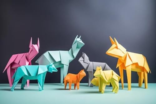 adrium Acryl-Bild 110 x 70 cm: Origami-Tiere in leuchtenden Farben und verspielten Posen auf hellem, neutralem Hintergrund (208505493)