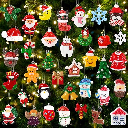 DTYDECLE 36pcs Christmas Miniature Ornament, Christmas Resin Ornament Assorted Mini Xmas Tree Snowman Santa Claus Resin Hanging Embellishments with Strings for Xmas party Tree Decoration Supplies