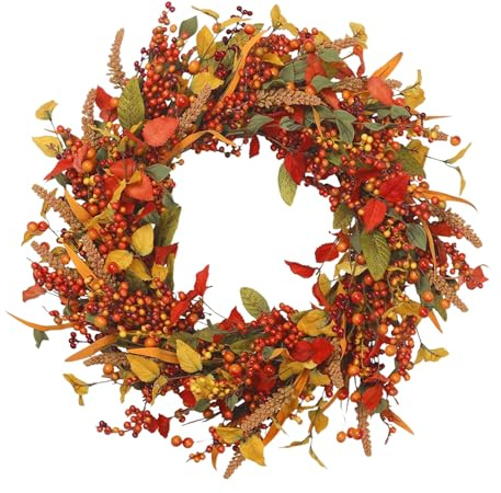 Herbstkranz, künstliche Herbstkränze, künstlicher Kranz mit Beeren und Blättern, orangefarbener dickerer Herbsttürkranz, Outdoor-Kranz für Thanksgiving, Bauernhaus, Haustür
