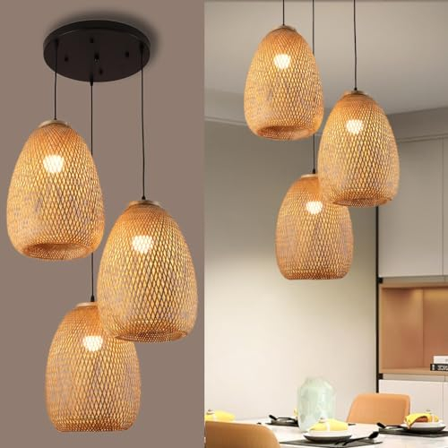 DHGIE Rattan Lampe Hängelampe E27*3 Retro Bambus Holz Lampenschirm Deckenlampe Pendelleuchte Holz Pendelleuchte Industrial Holz Bambus Deckenlampe Das Küche Schlafzimmer Cafe Esszimmer Lampe Hängend (