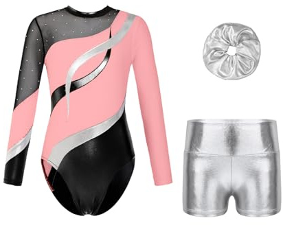 Oyolan Mädchen Kinder Gymnastikanzug Turnanzug Glitzernde Gymnastikbody Langarm Turntrikot mit Kurze Hose Tanzkostüm Hell-Pink A 134-140