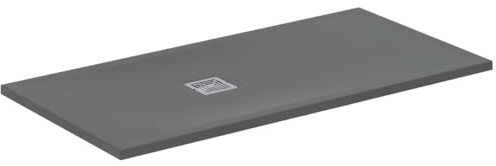 Ideal Standard - Ultra Flat S+, Plato de ducha rectangular ultrafino de resina efecto piedra, 140 x 70 cm, Ideal Solid, desagüe lado corto, gris cemento