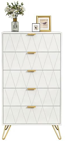 UEV Byrå med 5 förvaringslådor, 60 x 34 x 110 cm, förvaringsommode, modernt skåp, highboard, skänk med lådor, smal byrå, skåp för vardagsrum sovrum, hall (vit)
