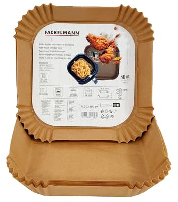 Fackelmann Bandejas de Papel para Freidora de Aire, Papel Air Fryer Cuadrado, Antiadherente y Resistente hasta 230ºC, Accesorios Freidora de Aire, 20x4,5 cm, Apto para Cosori, Cecotec y más, 100 uds.