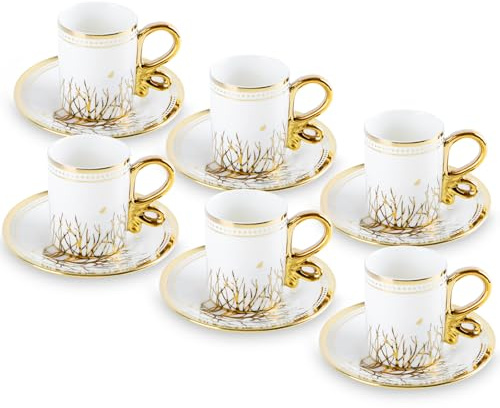Türkische Kaffeetassen set,12-teiliges Kaffeetassen-Set mit Untertassen aus Porzellan, Mochatassen, Cappuccino, 6 Espressotasse und 6 Untertassen, Kaffeeservice, Weiß Tassen (Gold)