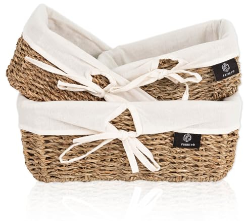 FRIHET eckiger Brotkorb aus Seegras | Rustikale Brotkörbchen mit Stoff im Scandi Style | geflochtener Korb mit Leinentuch | Aufbewahrungskorb aus stabilem Metalluntergestell | 3er Set