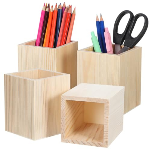 Amosfun Blanko Holz Stifthalter 4Er Set 3.94X3.15In Leerer Stiftehalter FüR Schreibtisch Diy Organizer FüR BüRo Und Zuhause