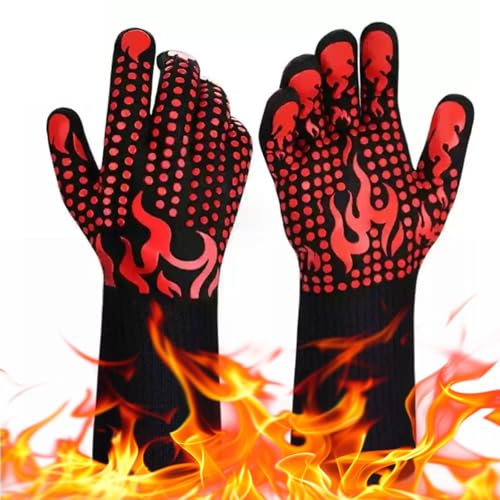 BBQ Gloves, 800 ℃/1472℉ Heat Resistant Grilling Gloves Silicone Non-Slip Oven Gloves Long Kitchen Gloves for Kitchen Engaged in Cooking, Baking and Barbecue（Red)