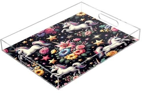Adorable Unicorns and Celebrity Flowers Acrylic Serving Trays, Clear Rectangular Tray with Handles Serving Platter for Coffee Table Kitchen Bathroom