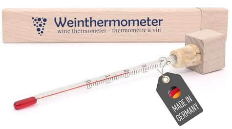 Lantelme Termómetro de vino de cristal en caja de madera, 17 cm, indicador de temperatura de 0 a 40 °C, analógico, para vino espumoso y champán