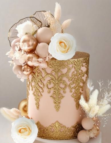 Boho Champagne Cake Decoration Golden Balls Cake Decoration Gold Palm Leaves Cake Topper Boho White Gold Ball for Wedding Birthday Birthday Anniversary