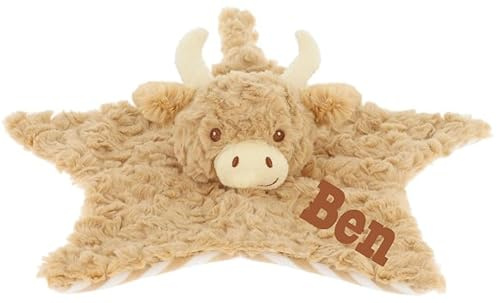 Wuff-Dogsworld Baby Kuscheltuch VIELE Modelle mit Namen Bestickt Geschenk Taufe Geburt Schmusetuch Schnuffeltuch Trösterchen Junge Mädchen (Stern Hochlandrind)