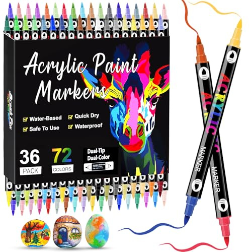 72 Colori 36 Pezzi Pennarelli Acrilici Punta Fine, 1-5MM Brush Pen , Atossici e Inodori ,pennarelli acrilici doppia punta per Pittura su Pietra, Legno, Vetro, Stoffa | Ideale per Artisti e Fai da Te