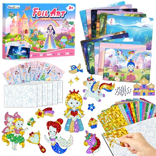 DazzBoom Kunst Bastelaktivität,Mehrfache Themenauswahl Foil Art,DIY Färben Aufkleber Bastelsets,Lustiges Folien-Kunst-Set,Reisespielzeug,DIY-Aktivität,Bastelset für Mädchen Jungen ab 3-10 Jahre