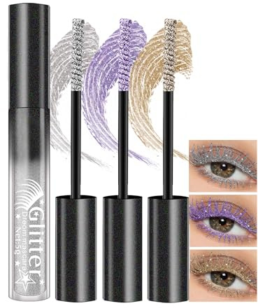 Mascara Waterproof, Argent Violet Or, 3Pcs Mascara Pailleté Couleur Volume | Mascara Pailleté Waterproof Anti-bavure, Mascara Color Volume et Longueur Effet Faux Cils, Coffret Maquillage Femme Noël