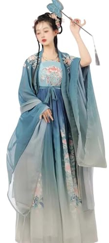 Hanfu-klänning i vintagestil för kvinnor (S-XL), kjol i traditionell kinesisk stil (45-70 kg), sjal + kjol, utsökt broderi,XL,Blue