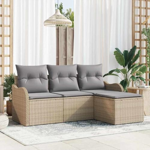Kaloriko Gartensofa-Set mit Stauraum, 4-teilig, Beige Poly-Rattan, Modulares Loungeset für Terrasse und Balkon, UV-beständig