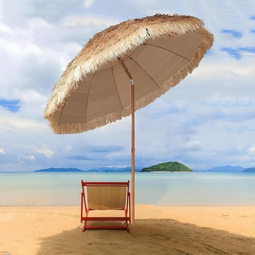 Sombrilla de Paja 240 Cm, Jardín Exterior Estilo Hawaiano, Inclinable con 8 Varillas, Bolsa de Transporte, Protección UPF 50+, for Patio Playa