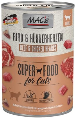 ARELF Bundle Mac's Cat Rind & Hühnerherzen 6 x 400g + GRATIS Miamor Sachet – Getreidefreies Nassfutter für Katzen