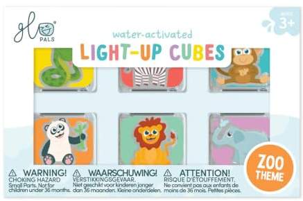 Glo Pals Zoo Lot de 6 cubes lumineux activés par l'eau avec motifs d'animaux pour baignoire, jeu d'eau et jeux sensoriels, à partir de 3 ans