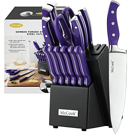 McCook MC27 - Juego de cuchillos de cocina de acero inoxidable con bloque de madera, tijeras de cocina y afilador integrado, color morado