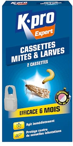 K.Pro Expert - 2 Cassettes Anti-Mites & Larves-Témoin de Durée de Vie -Anti-Mites Vestimentaires-Action Immédiate-Efficace 6 Mois -Protège Contre de Nouvelles Infestations -Technique Professionnelle-