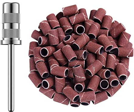 MelodySusie 100stk Schleifhülsen Schleifkappen Nagelfräser Aufsatz Schleifbänder 180 mit 1 Mandrel Aufsatz für Nageldesign Nagelkunst Nagelpflege Maniküre Pediküre