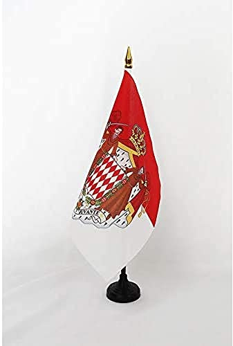 AZ FLAG Drapeau de Table Monaco avec armes 15x15 cm Socle Plastique | Usage intérieur Drapeau de bureau monégasque finition cousue et bords renforcés avec mât en plastique et socle en plastique