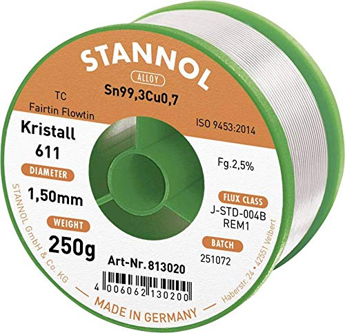 Stannol 813020 Lötdraht Kristall 611 2,5prozent 1,5mm FLOWTIN TC (Sn99,3Cu0,7) Fairtin 250g Spule