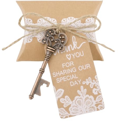 50 Sets Vintage Key Bottle Openers, Wedding Favor Souvenir Gift for Guests with Escort Card Thank You Tag Pillow Box and Jute Rope (White Lace)