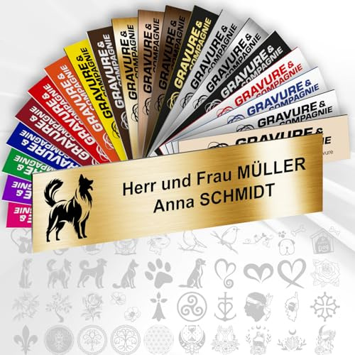 Briefkastenschild – Dekoratives PVC Namensschild mit Gravur (Name, Logo oder Motiv) – personalisierbar 1 bis 3 Zeilen – selbstklebend – 10 x 2,5 cm (Metallisch Gold + Design)