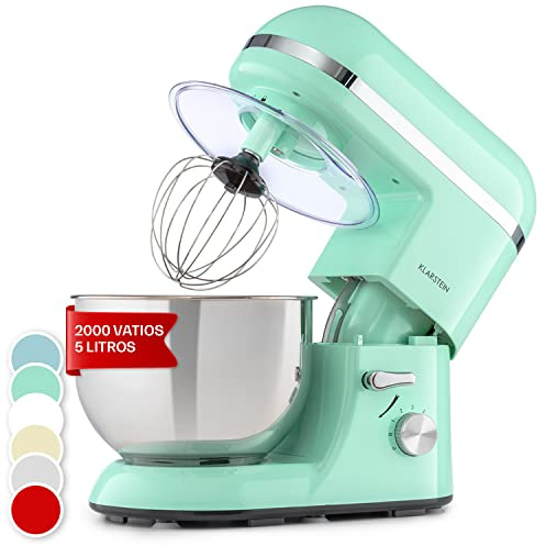 Klarstein Batidora Amasadora con Bol, 5L para Hornear, Robot Cocina, Amasadora Reposteria 2000W, Gancho y Bol para Mezclar, Electrodomesticos Cocina Varillas Rotación Planetaria con 6 Velocidades