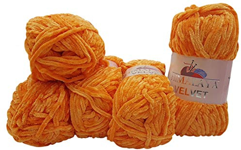 5 x 100 Gramm Himalaya Velvet Micro-Polyester Strickwolle, Babywolle samtig 500 Gramm Wolle (orange 90016)