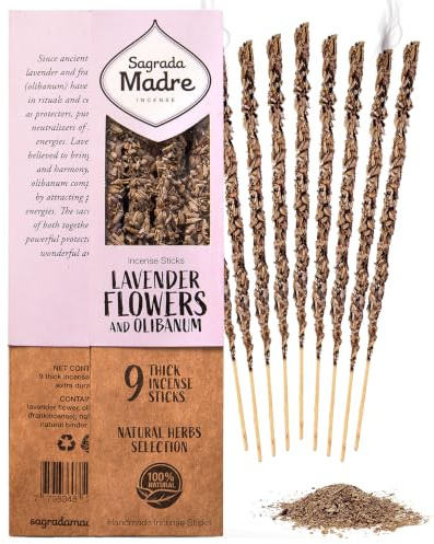 Sagrada Madre, Incienso Artesanal, Incienso De Flores De Lavanda Y Olíbano, Ideal para Meditación y Mindfulness, 9 Varillas