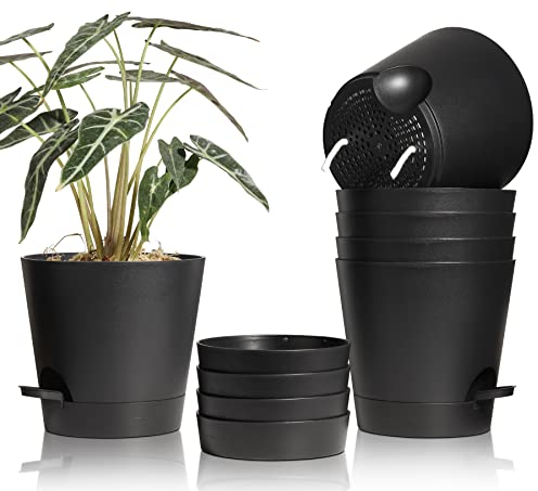 T4U 20cm Kunststoff Blumentopf mit Bewässerungssystem, 6er-Set Selbstbewässerung Übertopf mit Untersetzer, Rund Pflanzkübel für Innen und Balkon Garten Pflanzen Sukkulenten Kaktus, Schwarz