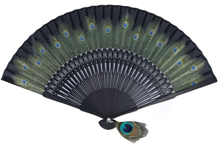 Hztyyier Vintage Chinese Folding Hand Fan, Black Bamboo with Peacock Pattern, Performance and Decorative Gift