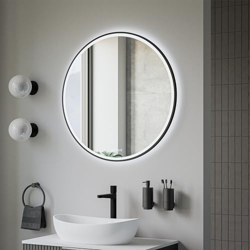 BERNSTEIN® LED Badspiegel 8232 2.0 rund Leichtmetallrahmen in Schwarz Wandmontage, Warm-/Kaltlichteinstellung Badspiegel mit Sandbestrahltem Rand, Digitaluhr und Spiegelheizung Aluminiumrahmen Ø 80cm