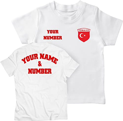 lepni.me T-Shirt Personalizzata per Bambini con Calcio Turchia | Il Tuo Nome e Numero | Bandiera Turca, Distintivo | Campionato Europeo di Calcio 2024 (9-11 Anni Bianco Multicolore)