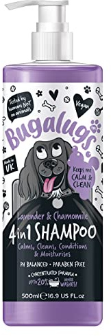 Bugalugs 4 in 1 Dog Shampoo - Lavender & Chamomile for Smelly Dogs, Puppies - Professional Groom, Vegan Pet Conditioner