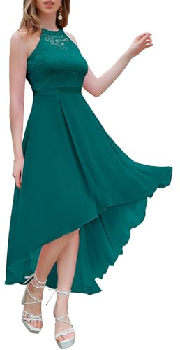Wedtrend cocktailklänning dam elegant för bröllop hög låg elegant aftonklänning nackhållare chiffongklänning med spetsar, Påfågel grön, XL