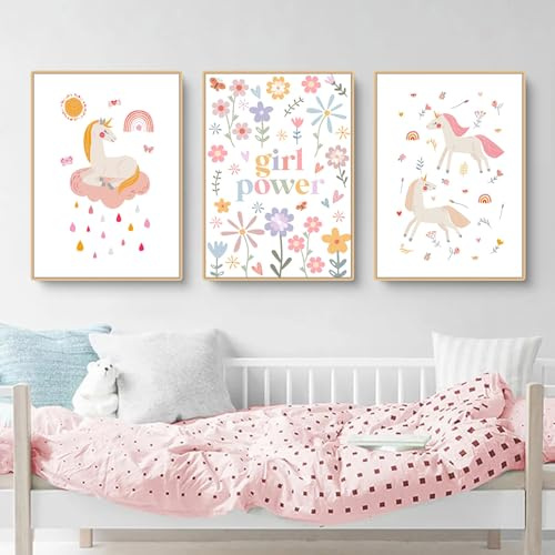 Herfair Poster Kinderzimmer 3er Set Cartoon Einhorn Regenbogen Blumen Wandbilder Babyzimmer Deko Rosa Kinder Poster Leinwand Bilder Ohne Rahmen (30 x 40 cm)