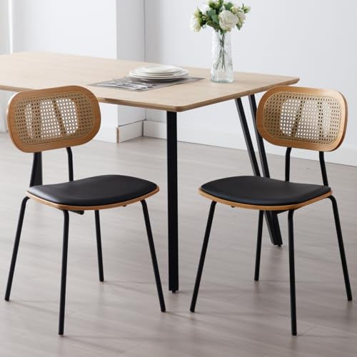 Ya-Home Mid-Century Modern Rattan Cane Back Dining Chairs Set of 2 — PU Leather Upholstered Seat, Black Metal Legs, Kitchen Side Chairs for Kitchen & Dining Room, Black