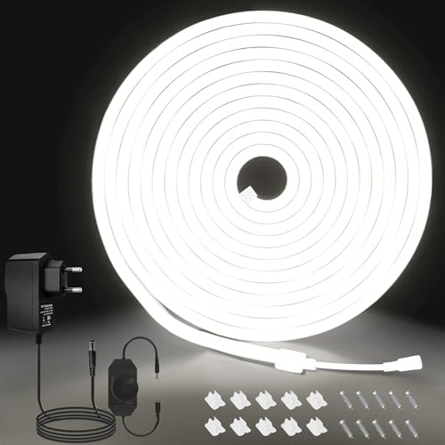 Meevt Striscia LED Neon 5M, 12V Strisce LED Bianco Fredda 6000K Esterno | 120LEDs/m, IP65, Silicone Flessibile, Dimmer Rotativo, Pieghevole a 360°, Luci LED Scale Cucina DIY Interno Esterno