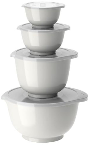 Rosti Margrethe Schüssel Set, Rührschüssel Set, 8-Teilig mit 4 Rührschüsseln und 4 Deckel, Teigschüssel aus Recycelbarem Kunststoff, 0,25 Liter, 0,5 Liter, 1,5 Liter und 3 Liter, Weiß