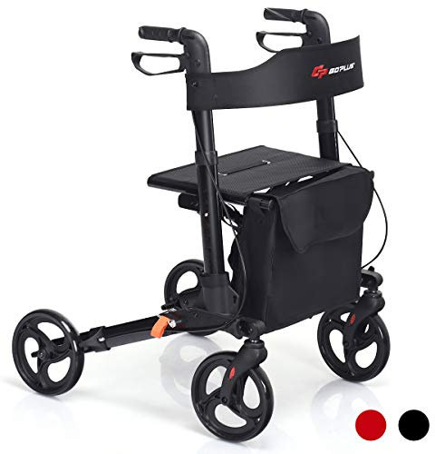 GYMAX Deambulatore Pieghevole con Seduta, Rollator a 4 Ruote con Maniglie Regolabili in Altezza, Ausilio alla Mobilità Leggero con Schienale, Borsa Portaoggetti e Doppio Freno per Anziani