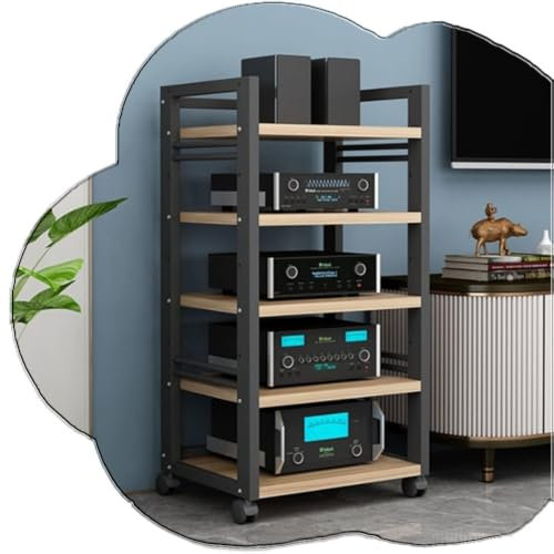 ZIUSFAC 5-stufiger Medienschrank Verstellbare Regale Audio-Rack AV-Medienständer Moderner Audioständer Stereo-Komponenten-Rack Audio-Ständer Audio-Tower Weiß(Black+Walnut)