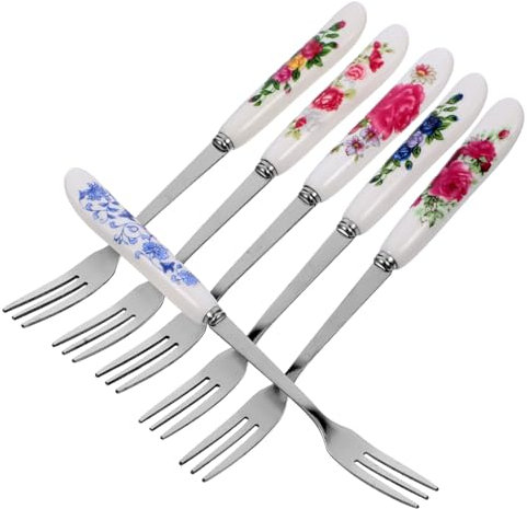 Amosfun Multi-Function Stainless Steel Dessert Forks Ceramic Handle, Wear-Resistant Small Fruit and Cake Forks for Party Use, 6pcs Set Blue and Red Rose Patterns